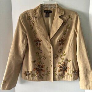 Silk Land Floral Beaded Embellished Blazer 10 Beige Timeless Elevated Tailored